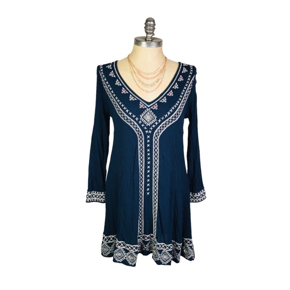 Abercrombie & Fitch Boho Embroidered Blue Long Sleeve Dress Medium M
